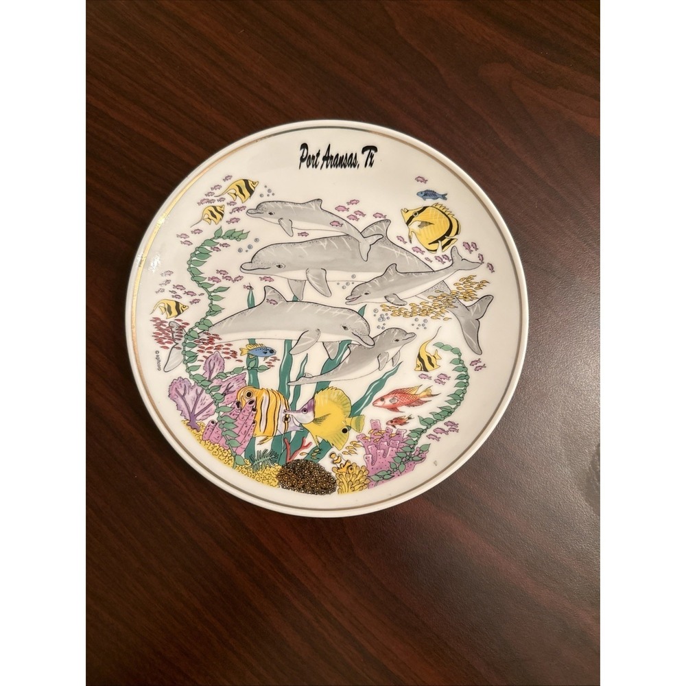 American Gift Port Aransas Texas Dolphin Collector Plate White Gold Trim 7.5in